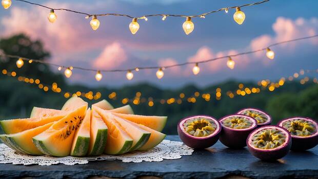 Freshly sliced watermelon and passionfruit arranged on a table with string lights glowing at sunset photo