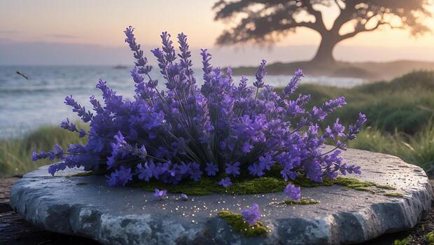 Lavender blooms on a stone slab by the ocean at sunset, with a tree silhouette in the background photo