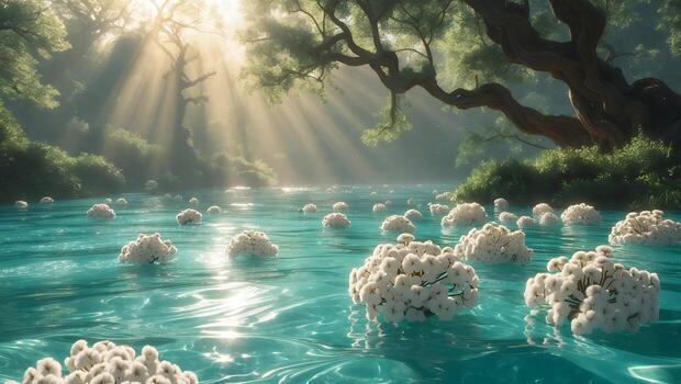 Serene river scene with floating white flowers, sunlight filtering through lush trees, tranquil atmosphere photo