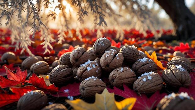 Pile of walnuts resting on colorful autumn leaves under a tree, capturing a serene fall landscape photo