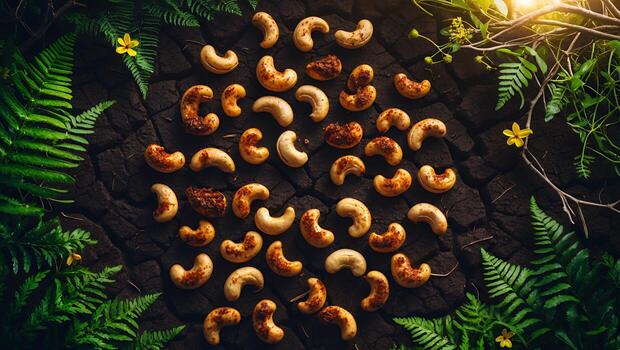 Aerial view of roasted cashew nuts arranged artistically on a dark stone surface surrounded by greenery photo