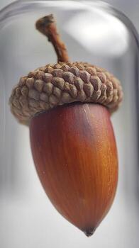 Close up of a single acorn with water droplets in a clear container. photo