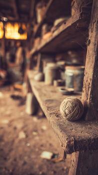 Rustic Workshop Shelf with Ball of Twine and Cobwebs. photo