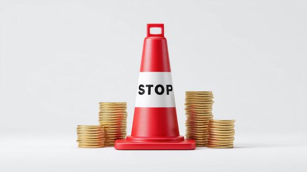 Global market tariff trade war. Red and white traffic cone with word stop surrounded by stacks of gold coins symbolizing financial restriction or caution photo