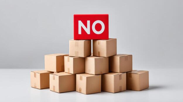 Global market tariff trade war. No sign on red box placed on top of stacked cardboard boxes symbolizing refusal or denial concept in neutral background photo