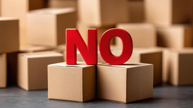 Global market tariff trade war. No sign in red letters on top of two cardboard boxes with many blurred boxes in background photo