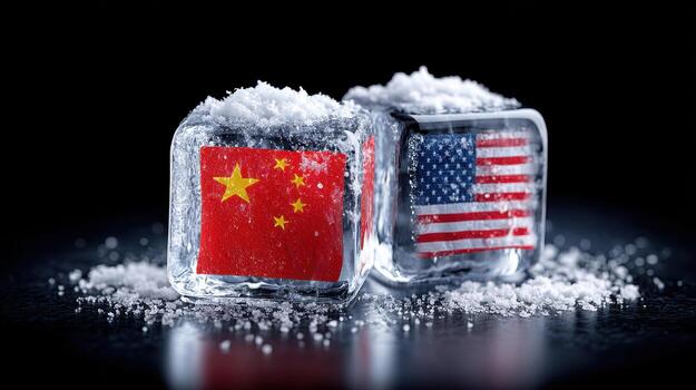 Global market tariff trade war. Two ice cubes with Chinese and American flags frozen inside, surrounded by frost and snow on dark surface photo