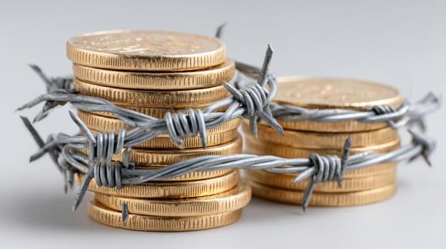 Global market tariff trade war. Stack of gold coins tightly wrapped with sharp barbed wire symbolizing financial restriction and security risk photo