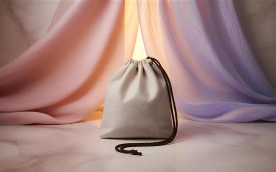 A white bag sitting on a table with a curtain behind it photo
