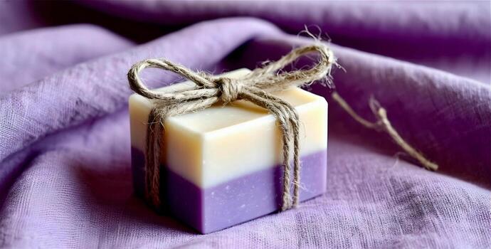 A small square of soap wrapped in purple fabric linen photo