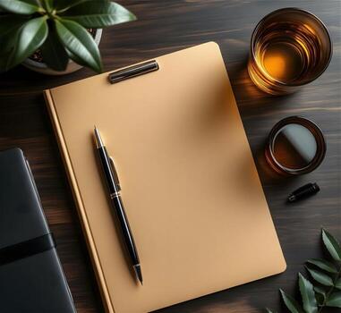 Blank notepad, pen, coffee and notebook on wooden table top view photo