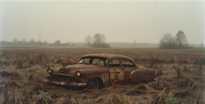 An old car sits in a field photo