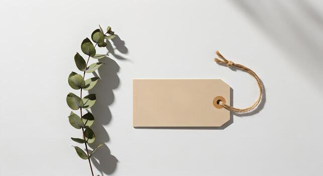 rectangular etiqueta con yute cuerda junto a eucalipto, suave oscuridad y neutral tonos para moderno maquetas foto