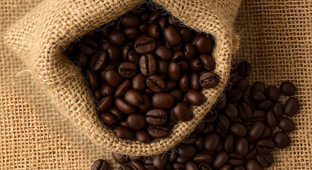 oscuro asado café frijoles Desbordamiento desde yute bolsa, agudo textura, aceitoso superficie, rústico arpillera antecedentes. foto