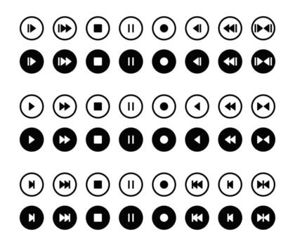 Collection of Minimalist Black and Lineart Media Player Icons Play, Pause, Stop, Rewind, Fast Forward Buttons . vector