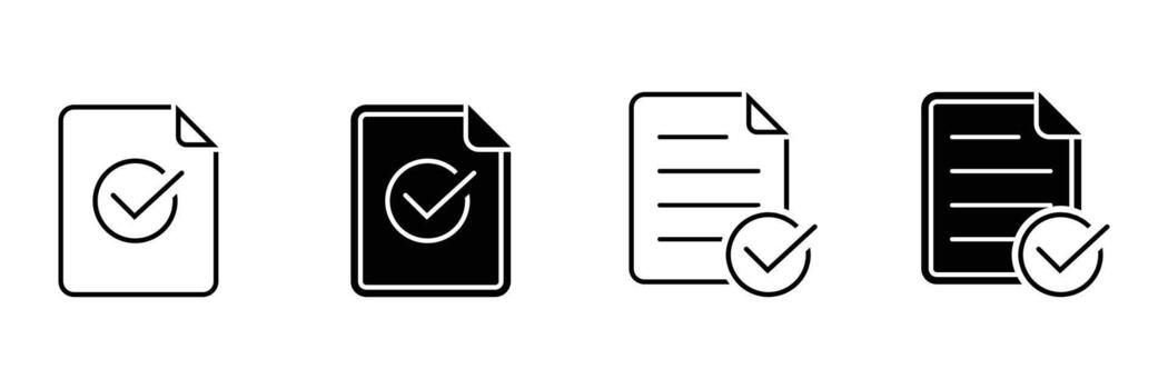 Document Approved Icon Set Black and White Line Art Checkmarks, Simple Minimalist Style, Business Workflow Vectors