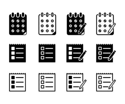 Lista de Verificación íconos conjunto negro y blanco, simple, organizado, tarea gestión, planificación, que hacer lista, negocio . vector