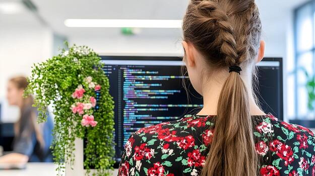 mujer programador trabajando en computadora en moderno oficina ajuste foto