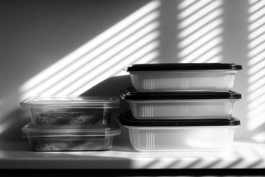A black and white photo of three plastic containers