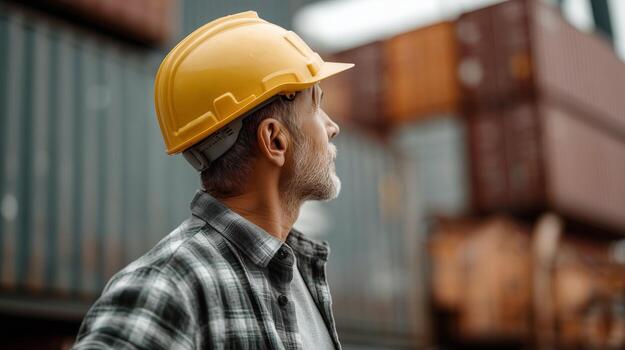 Worker wearing yellow hard hat standing in front of stacked shipping containers. 3 photo
