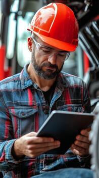 hombre en difícil sombrero participación tableta, comprobación Plano en digital dispositivo a construcción sitio. 3 foto