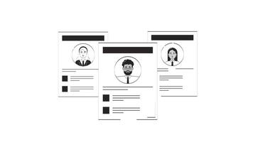 jobb återuppta papper ark med olika kandidater profiler översikt 2d objekt klotter animation. anställd cvs. hr undersökning sidor animerad Artikel isolerat på vit. svartvit linjär teckning 4k video