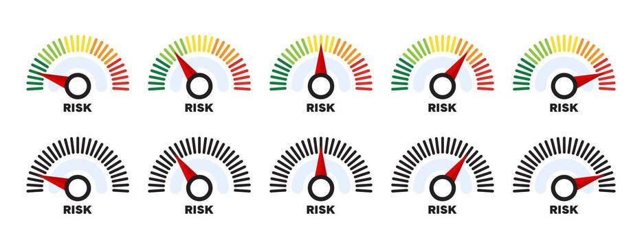 Risk meter icon set. Scale Low, Medium or High risk vector