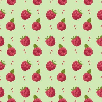 Seamless raspberry pattern with green background and bright summer fruit style for fabric and packaging vector