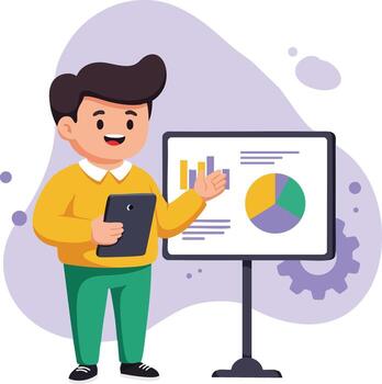 Boy presenting business analytics chart with tablet and colorful pie graph in modern illustration vector