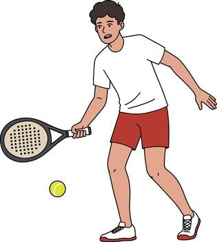 hombre jugando padel con un raqueta y un pelota en un blanco antecedentes vector