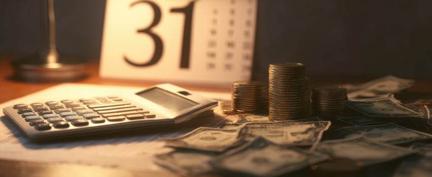 The calculator and money representing financial planning for the end of the month. photo