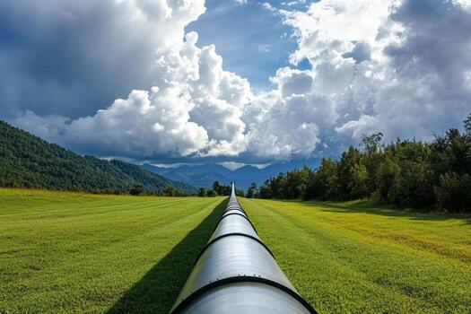 A long pipe in the middle of a field with clouds in the background photo