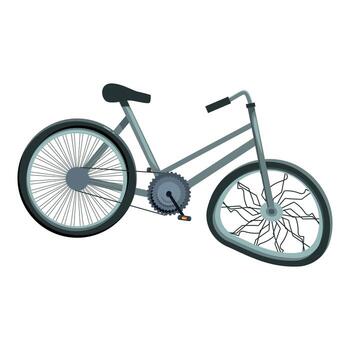 Grey bicycle with broken front wheel leaning on white background vector