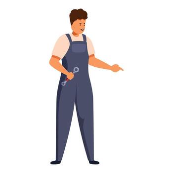Smiling mechanic holding a wrench and pointing with finger vector