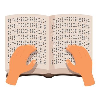 Hands gently touching braille dots on open book, learning and reading through tactile experience vector