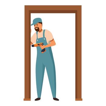 Carpenter installing door frame using cordless drill, home renovation project vector