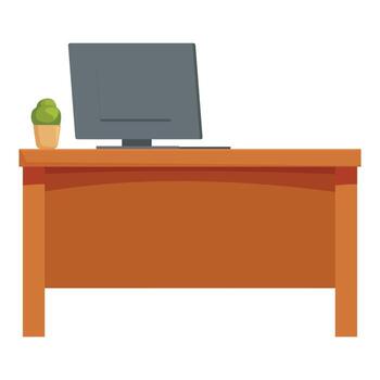 moderno oficina escritorio con computadora monitor y planta demostración cómodo espacio de trabajo vector