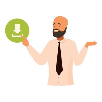 sonriente empresario señalando a descargar botón y gesticulando con mano vector