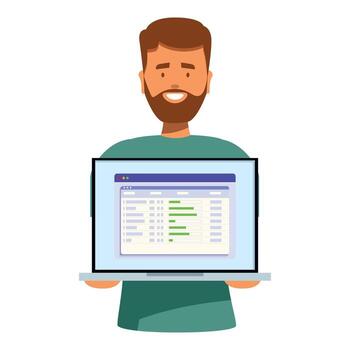 sonriente programador participación ordenador portátil demostración hoja de cálculo software vector