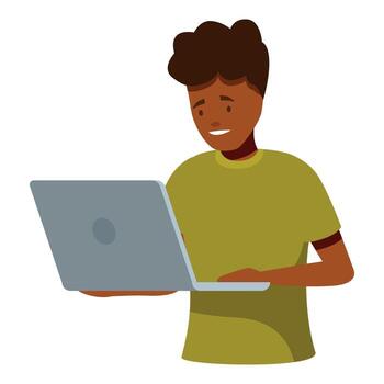Young man working or studying using laptop computer, holding it in his hands vector