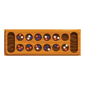 Wooden mancala board with colorful stones displaying a game in progress vector
