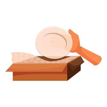 trabajador embalaje frágil plato en cartulina caja con burbuja envolver vector