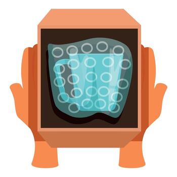 Courier holding cardboard box with fragile mug wrapped in bubble wrap vector