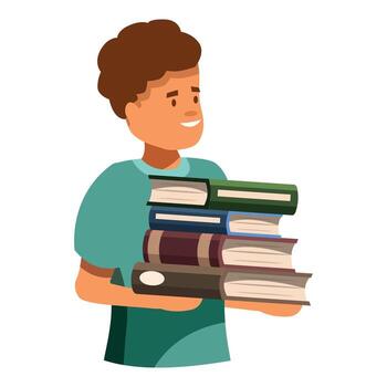 Smiling student carrying stack of library books vector