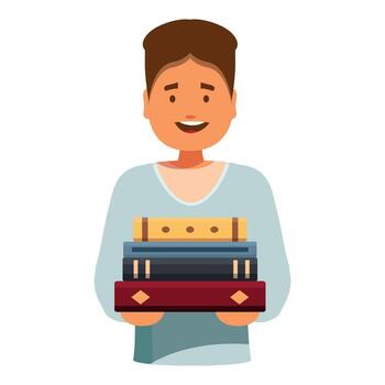 Smiling student holding stack of books, education and knowledge concept vector