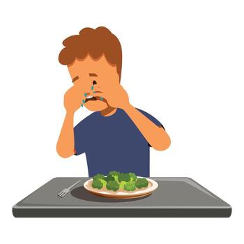 Child crying and refusing to eat broccoli at table vector