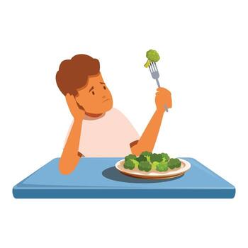 Sad child looking at broccoli on fork, refusing to eat vegetables vector