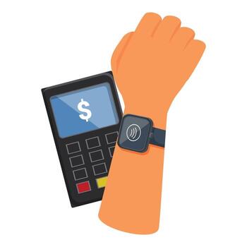 Customer paying using smartwatch nfc technology at pos terminal vector