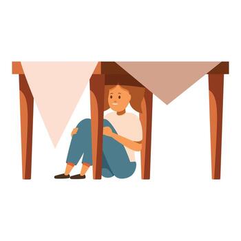 Scared girl hiding under table during earthquake avoiding danger vector
