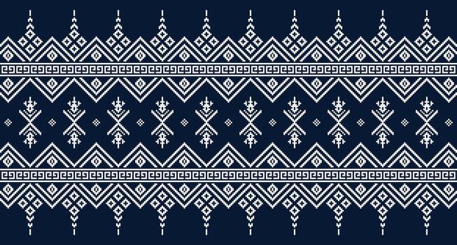 The ethnic pixel pattern on a dark blue background. The pattern is made up of repeating shapes, including diamonds, zigzags, and other geometric element vector